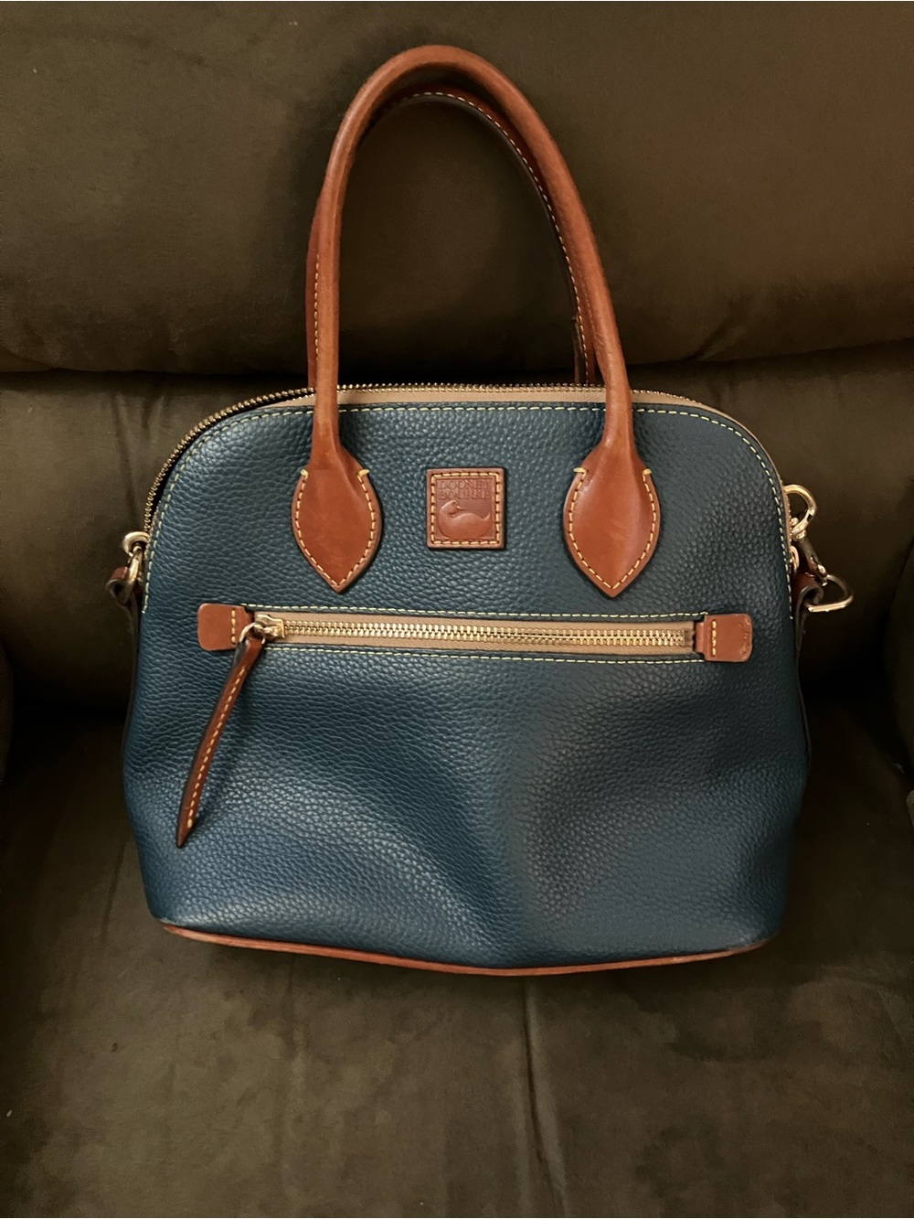 Dooney & Bourke Navy Pebble Leather Satchel with Brown Trim